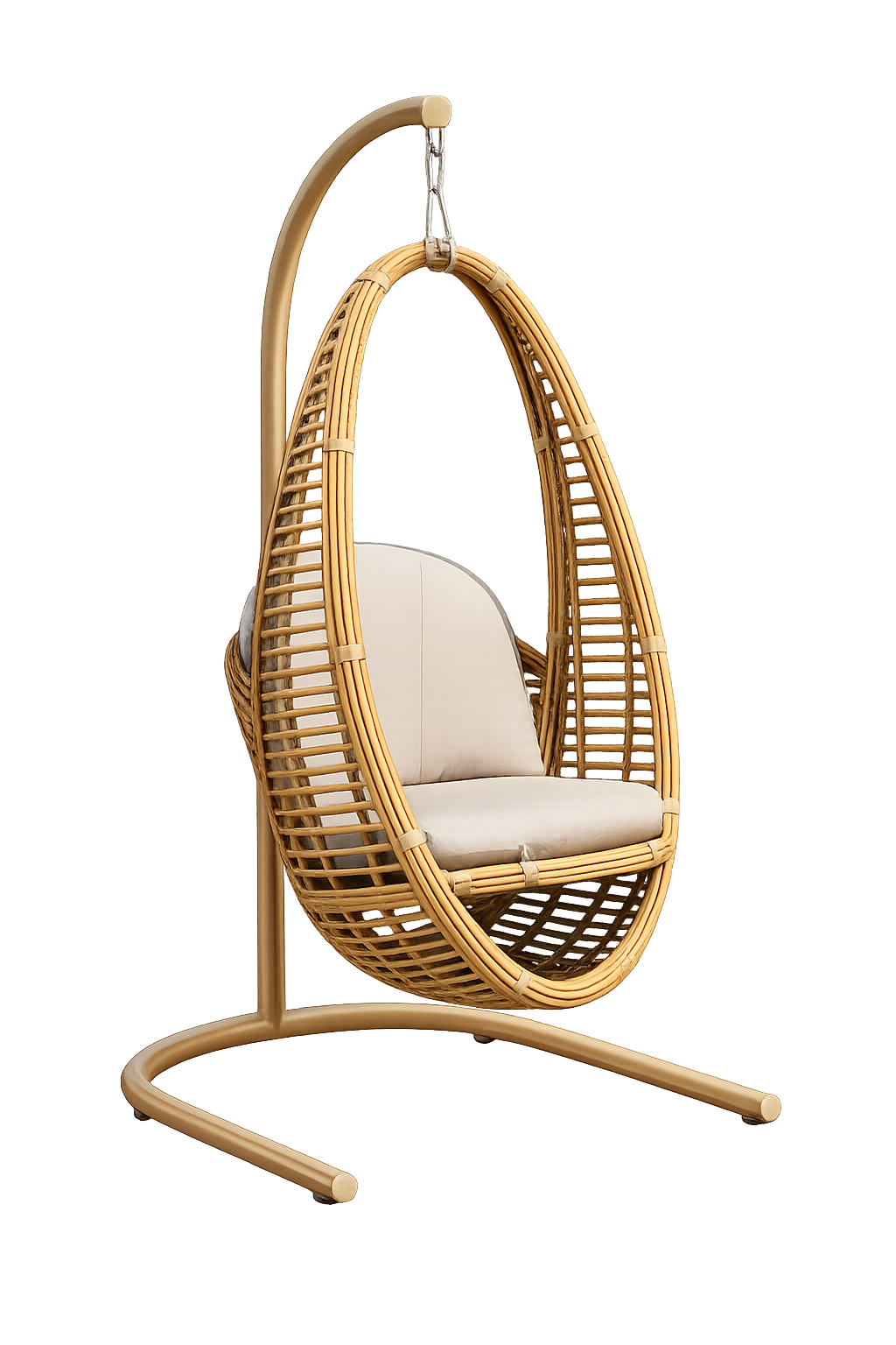 A hanging egg-shaped rattan chair with a curved wooden support stand, featuring cream-colored cushions, isolated on a white background.