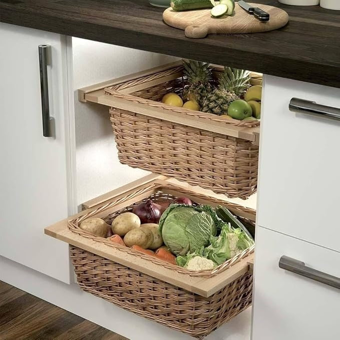 Cane & Rattan Wicker basket - Kitchen Basket with Wooden Rail, Fruit & Vegitabe Basket - WovenNest - USE Discount Code : BASKETDEAL25 to get 25 Percent Discount