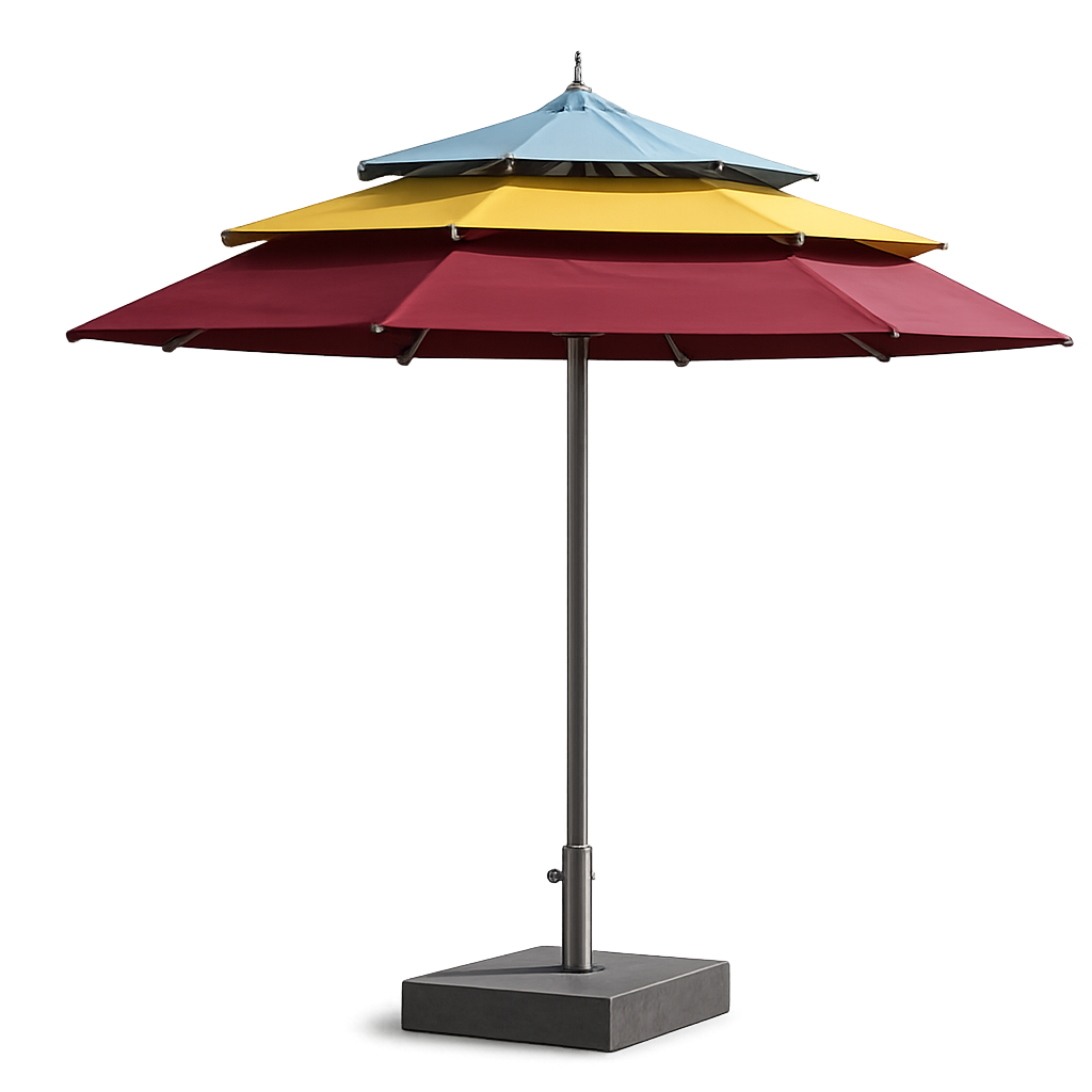 A three-tier cantilever patio umbrella with a dark gray metal pole and square base, featuring a light blue top canopy, a yellow middle canopy, and a dark red bottom canopy, shown on a plain white background.
