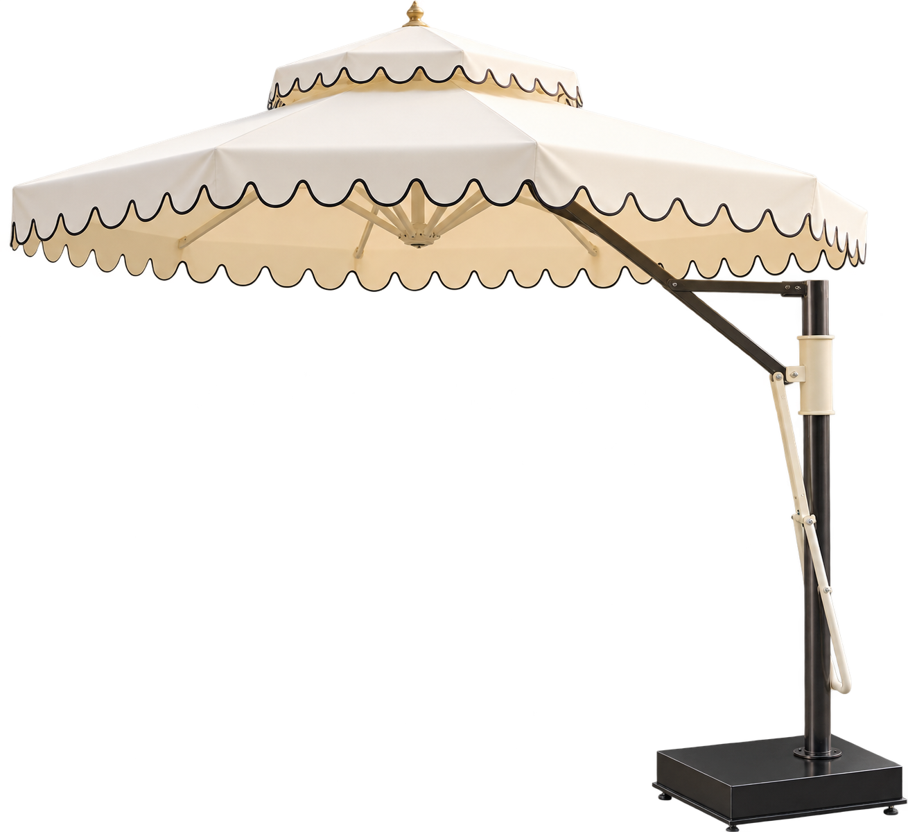 A large cantilever patio umbrella with a cream-colored canopy featuring a scalloped edge and a black metal frame with a square base, isolated on a white background.