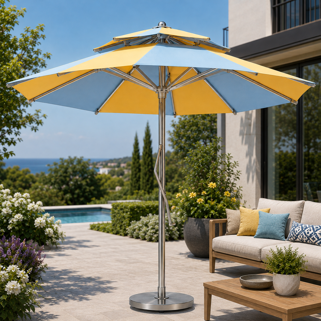 A large patio umbrella with alternating yellow and light blue panels stands on a stone patio in front of a modern house. The umbrella has a silver metal pole and base, with a matching silver base included.