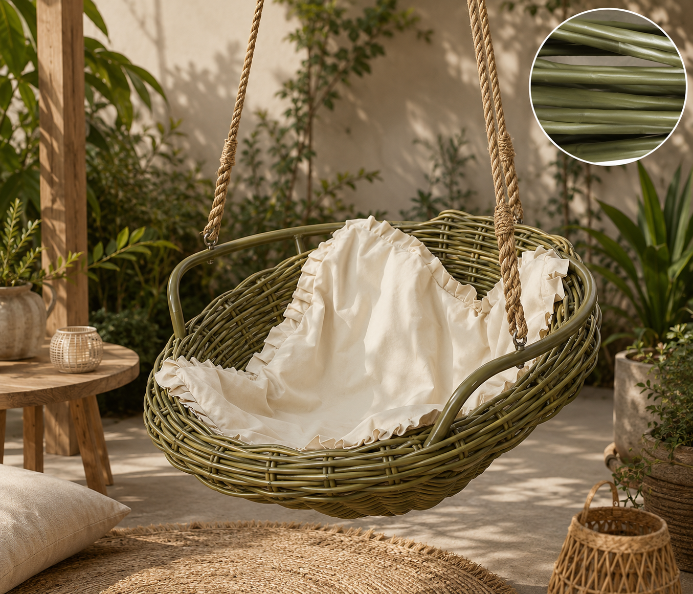 A woven Bamboo hanging swing chair with a cream ruffled fabric liner, suspended by natural rope in a styled patio setting. A circular inset in the top right shows a close-up of the green woven material texture.