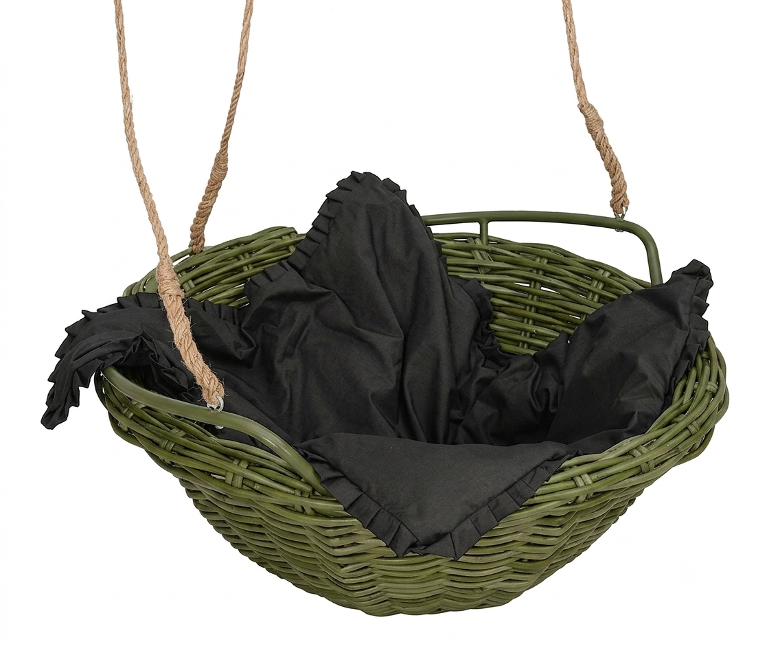 An olive green hanging wicker swing with a natural jute rope suspension handle and a black fabric liner with ruffled edges, shown against a plain white background.