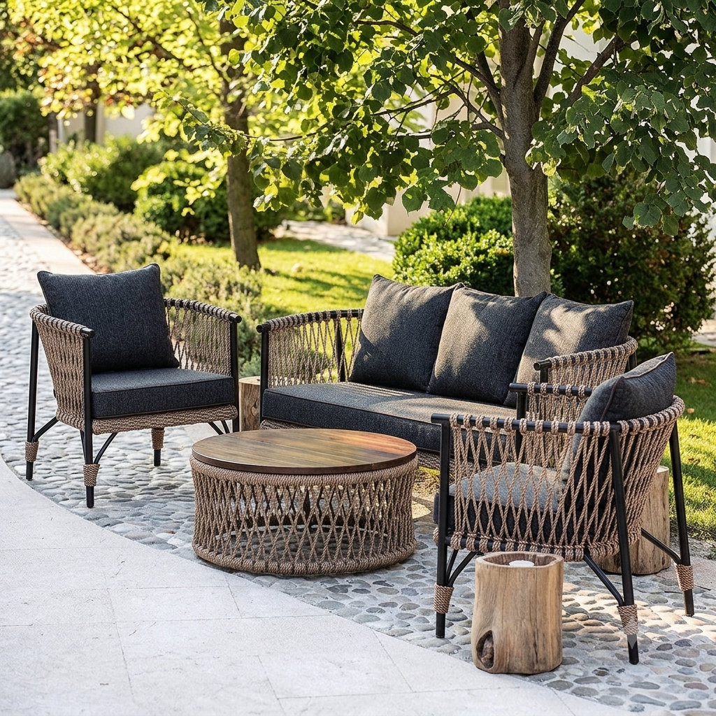 Outdoor patio furniture set in a landscaped garden, featuring a woven wicker sofa, two matching armchairs with dark gray cushions, a round woven coffee table, and a small wood log side table on a stone-paved walkway.