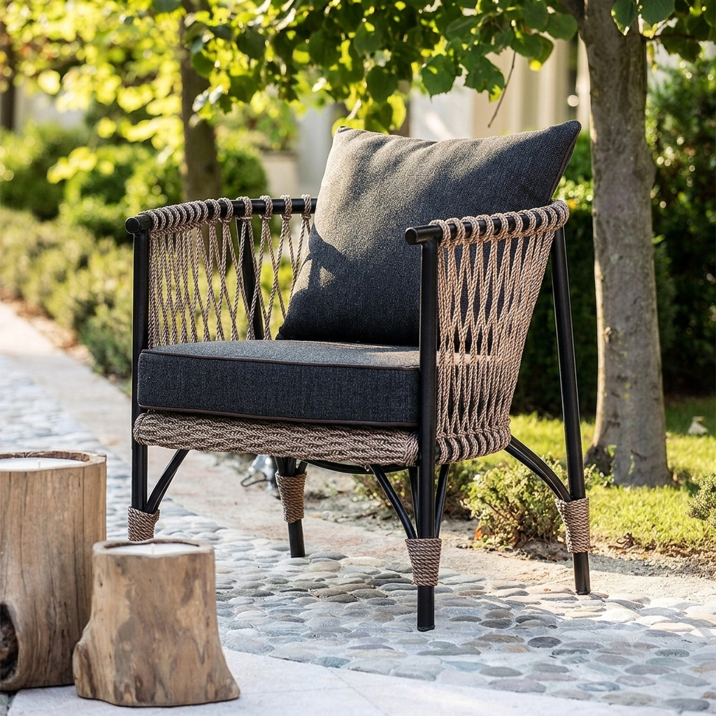 Outdoor patio armchair with woven rope-style arms and back, black metal frame, dark gray cushioned seat and back pillow, shown on a stone path in a garden setting.