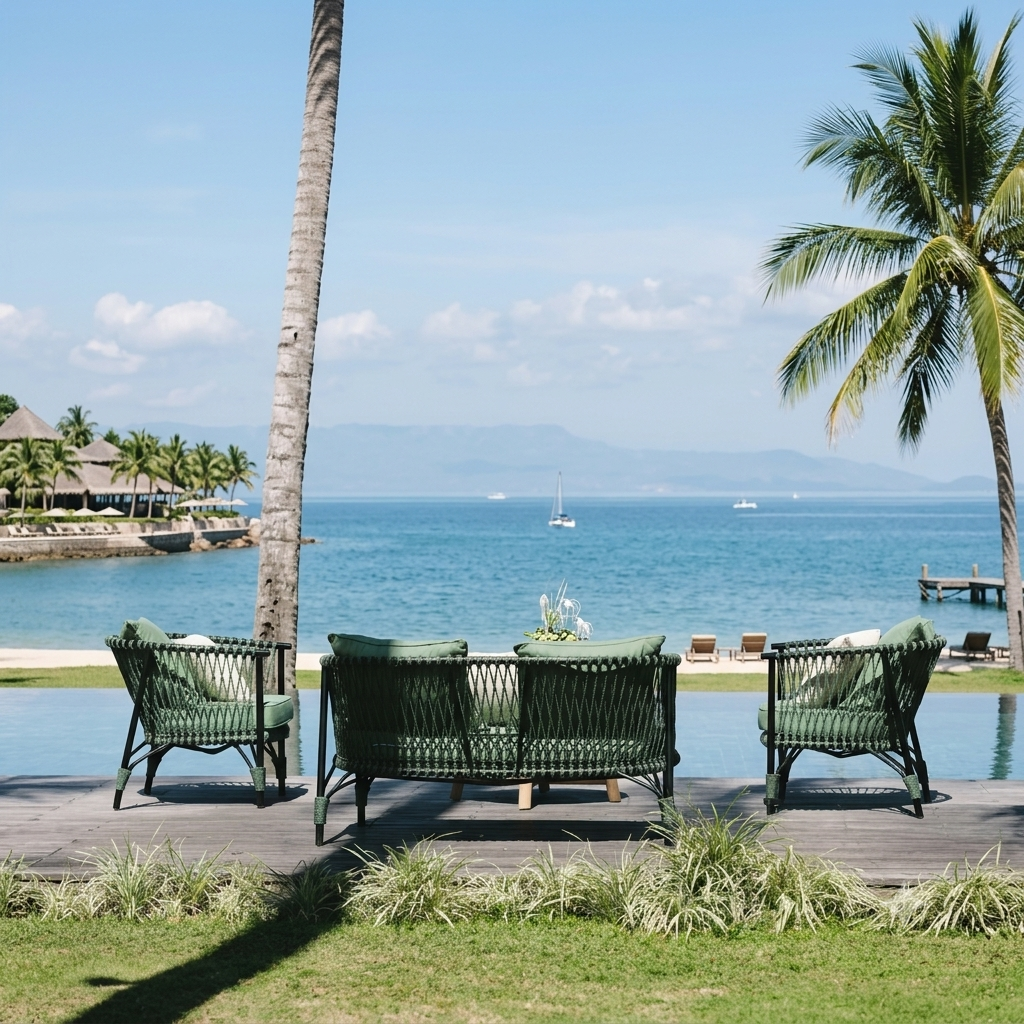 A tropical outdoor patio setup with four dark green woven chairs and a matching bench arranged around a small table, overlooking a blue ocean with palm trees, a pool, and distant boats.