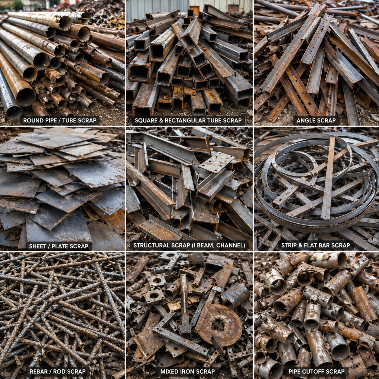 different types of scrap metal and steel waste, including round pipe, square and rectangular tube scrap, angle scrap, sheet and plate scrap, structural beam scrap, strip and flat bar scrap, rebar and rod scrap, mixed iron scrap, and pipe cutoff scrap. Each panel contains rusty steel pieces and has a text label underneath.