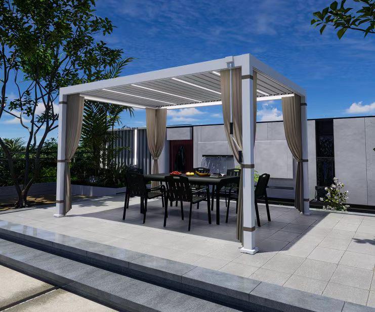 Lumière Louvre Pavilion Retractable Metal Gazebo | Motorised & Manual Roof | Heavy-Duty Outdoor Structure India curtain