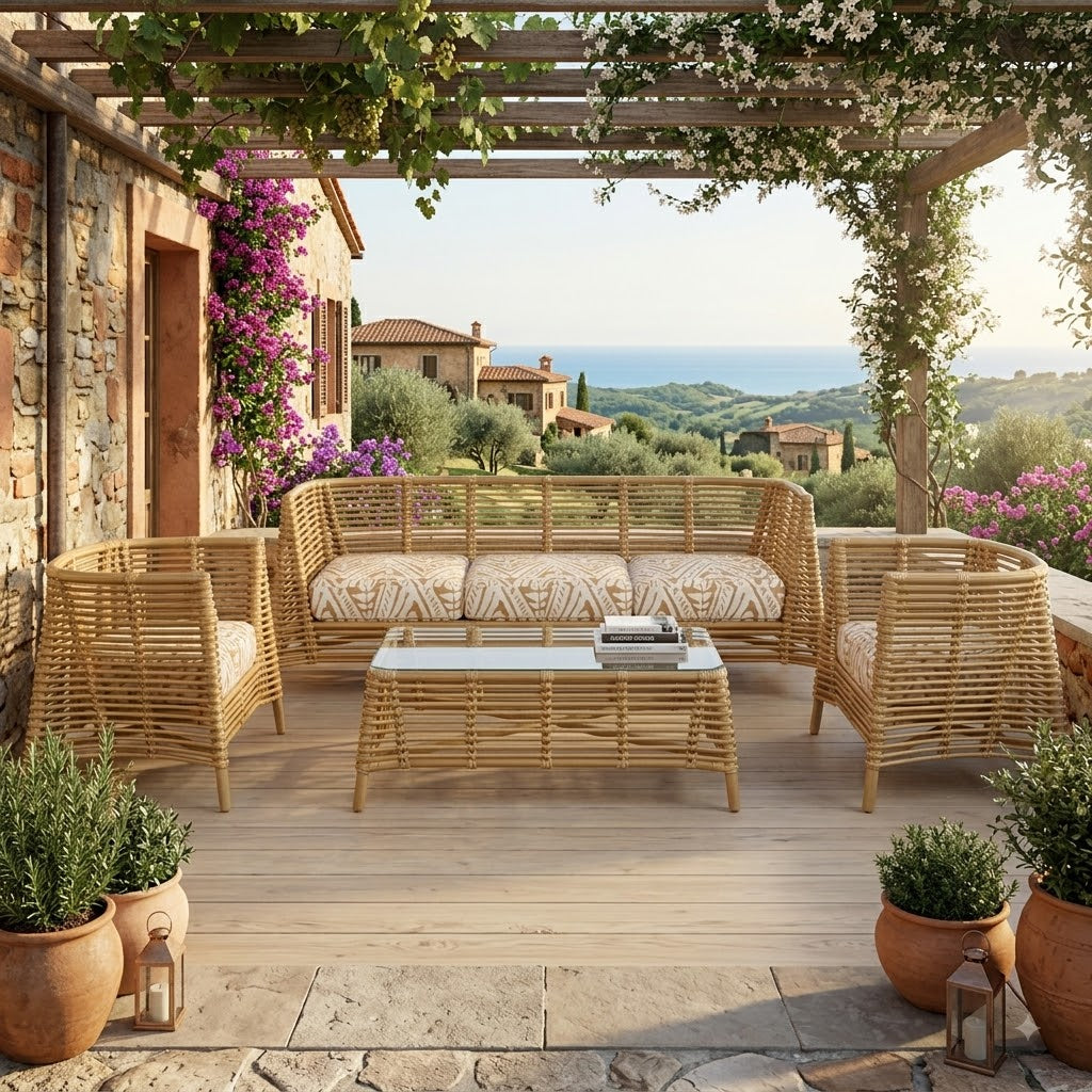 A luxury outdoor wicker furniture set arranged on a wooden deck under a vine-covered pergola. The set includes a three-seater sofa, two armchairs, and a rectangular coffee table with a glass top.