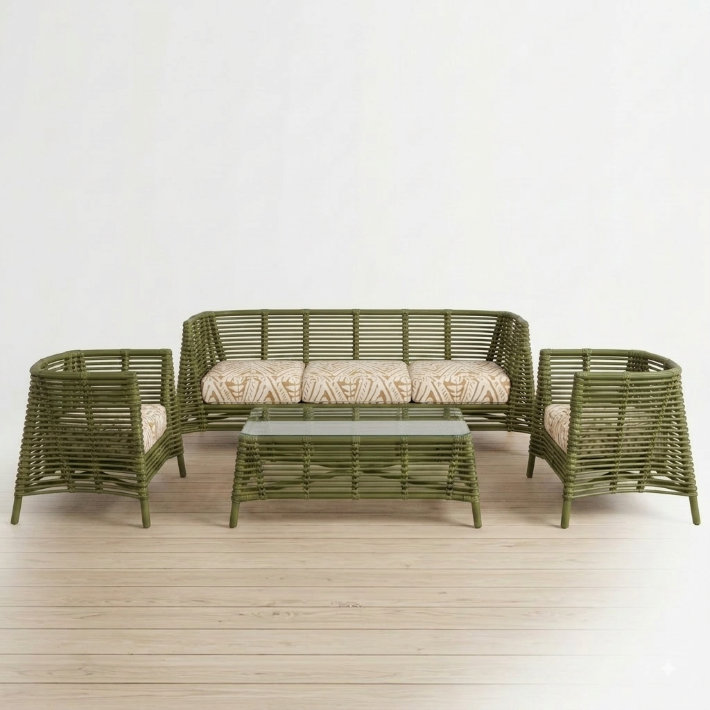 A 4-piece outdoor wicker furniture set in olive green, including a loveseat, two armchairs, and a rectangular coffee table with a glass top, set on a light wood floor against a white background.