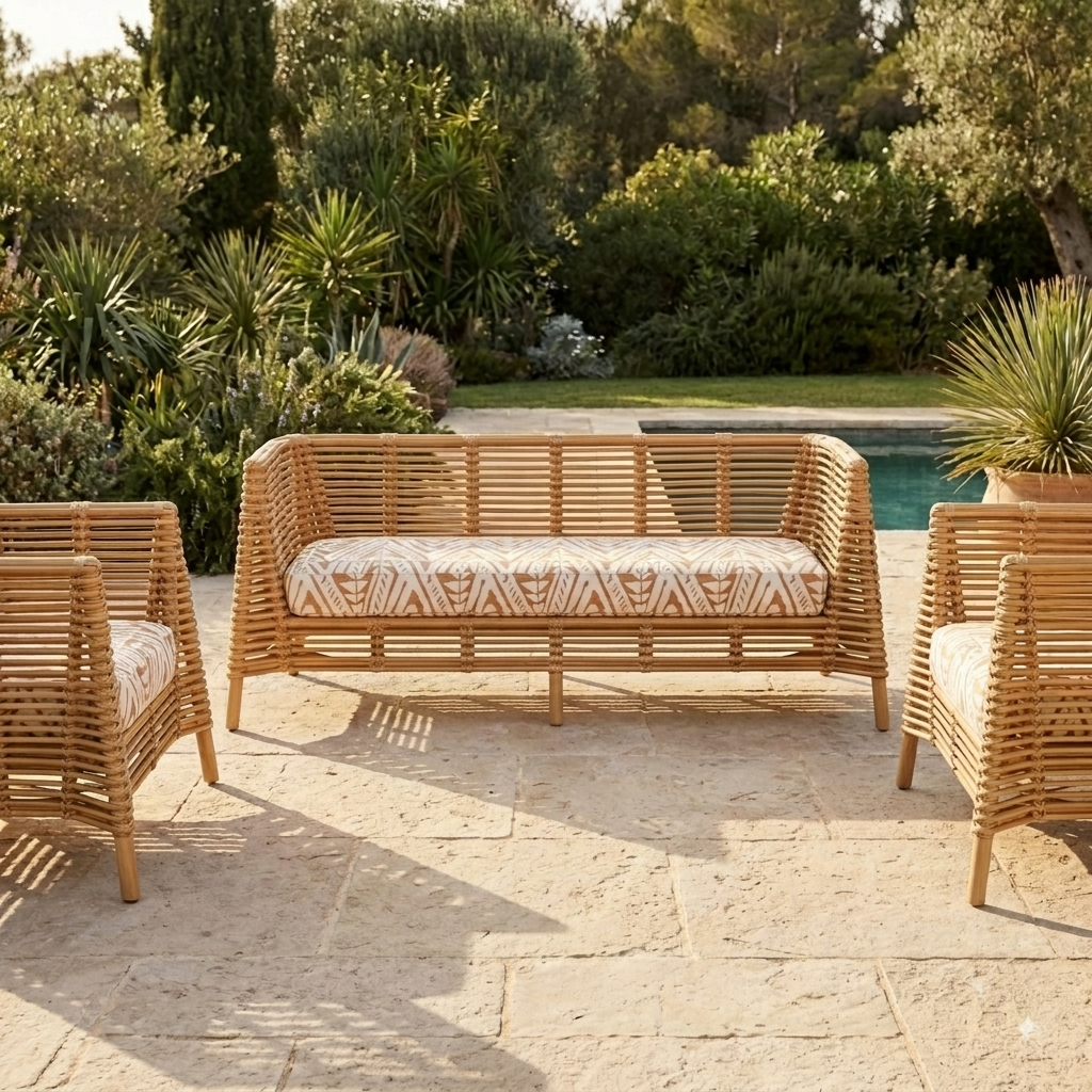 Three-piece outdoor wicker furniture set including a sofa and two armchairs with patterned beige cushions, arranged on a stone patio in a garden setting with a pool in the background.