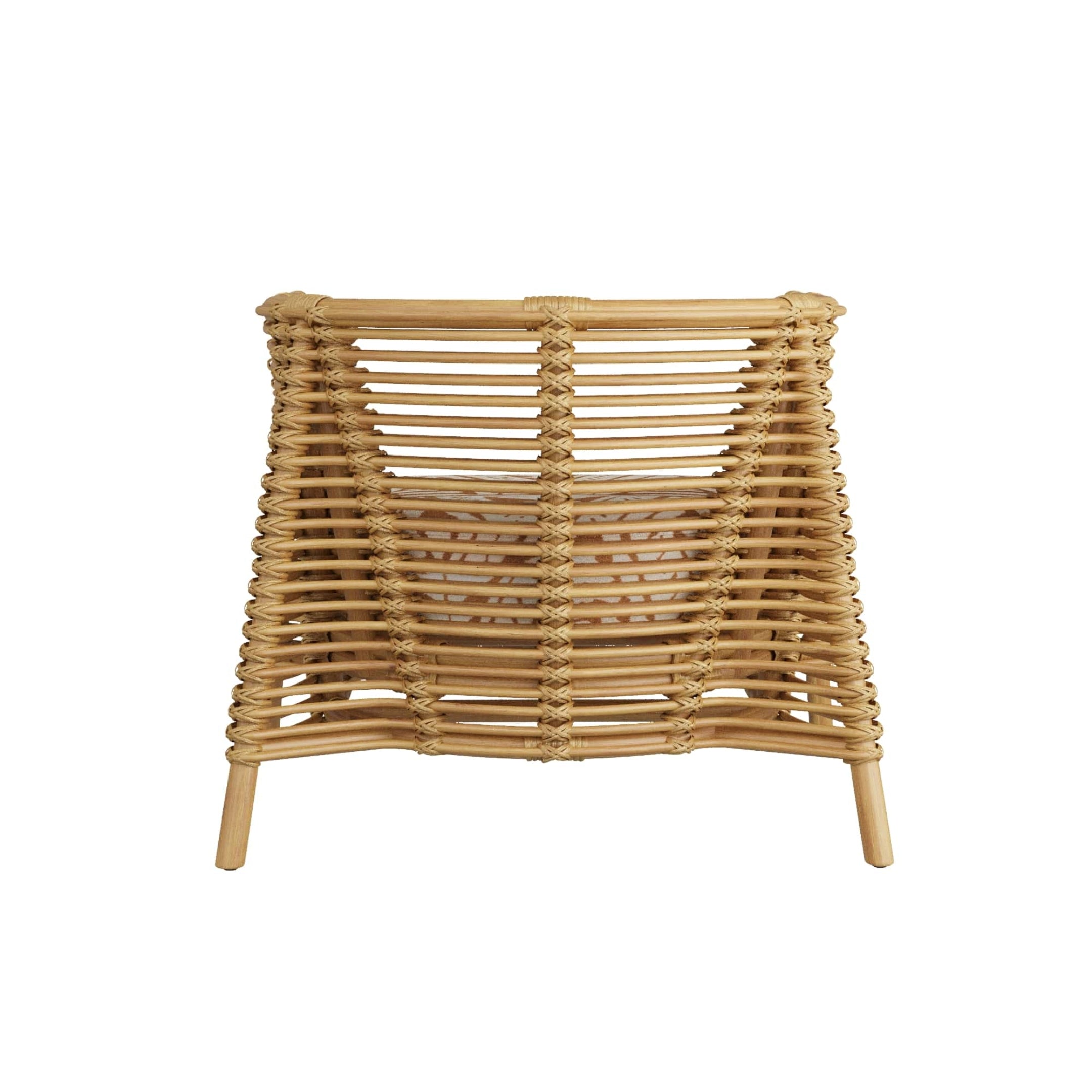 A natural light brown woven rattan chair shown from the back, featuring a curved backrest and short legs, isolated on a white background.