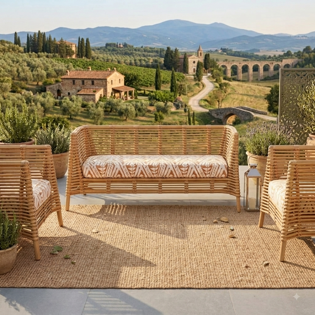 Outdoor patio furniture set in a Tuscan landscape setting, featuring a wicker sofa with a patterned cushion, two matching armchairs, and a woven jute rug on a tiled floor.