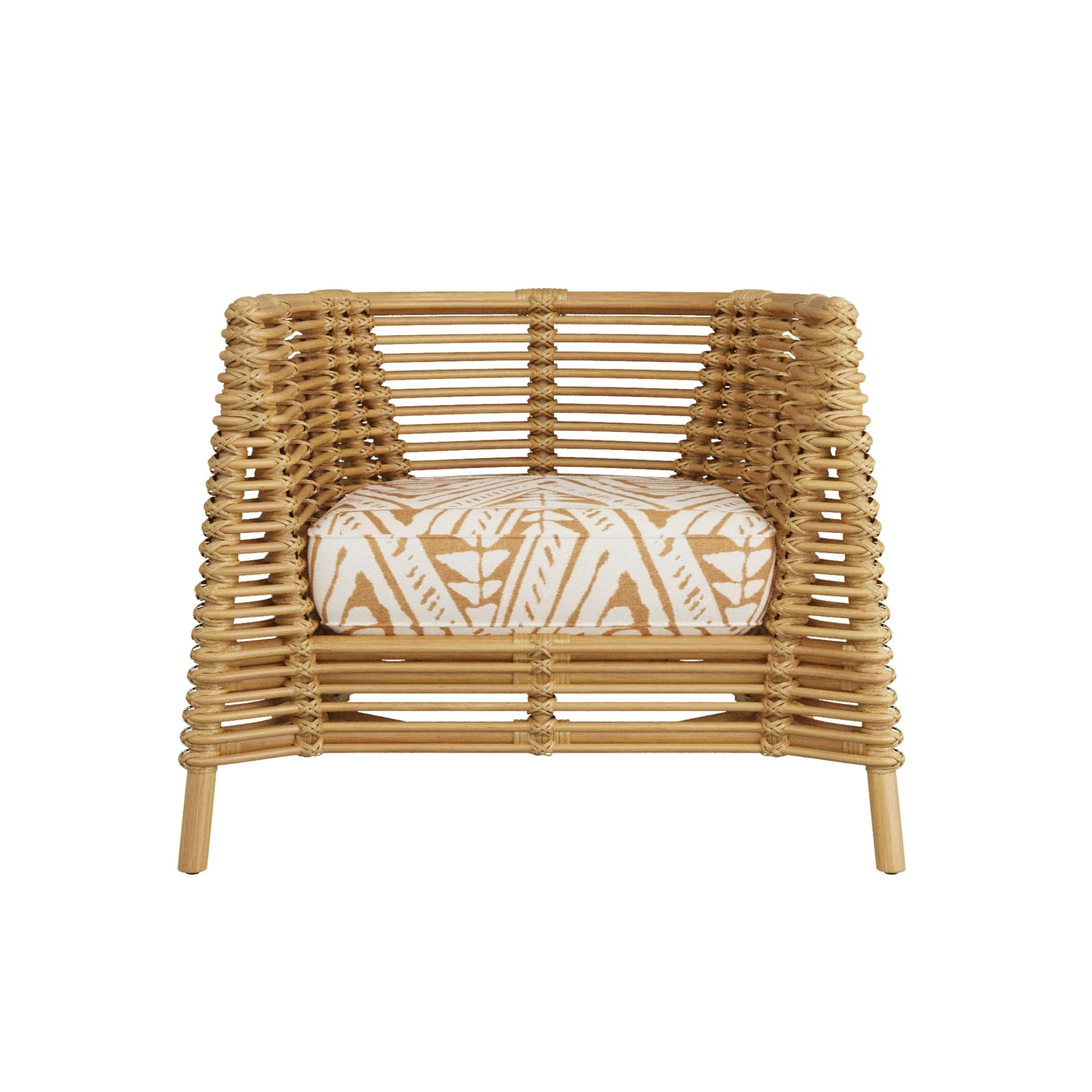 Wicker chair with a patterned cushion on a white background