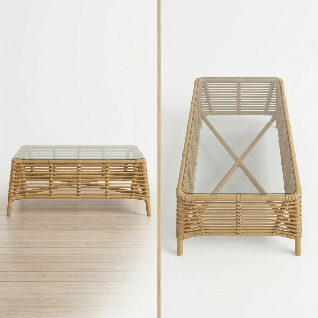 A rectangular rattan coffee table with a clear glass top, shown from two angles: a front view on a light wood floor and a side angle against a white wall.