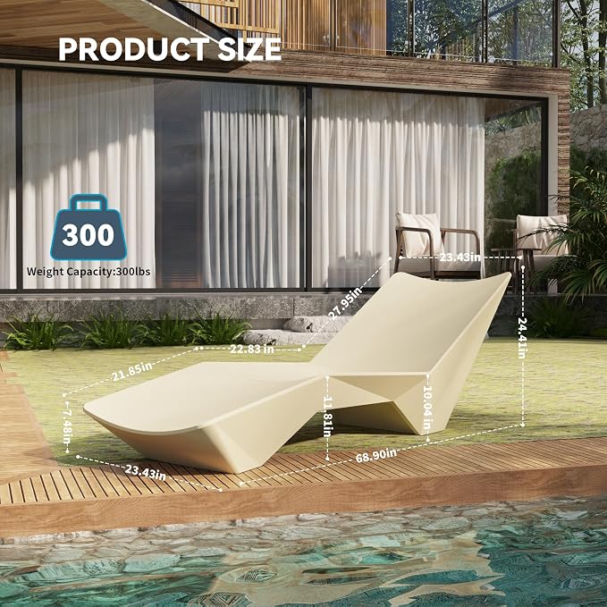 Beige outdoor lounge chair with measurements and weight capacity displayed, set against a modern patio background.