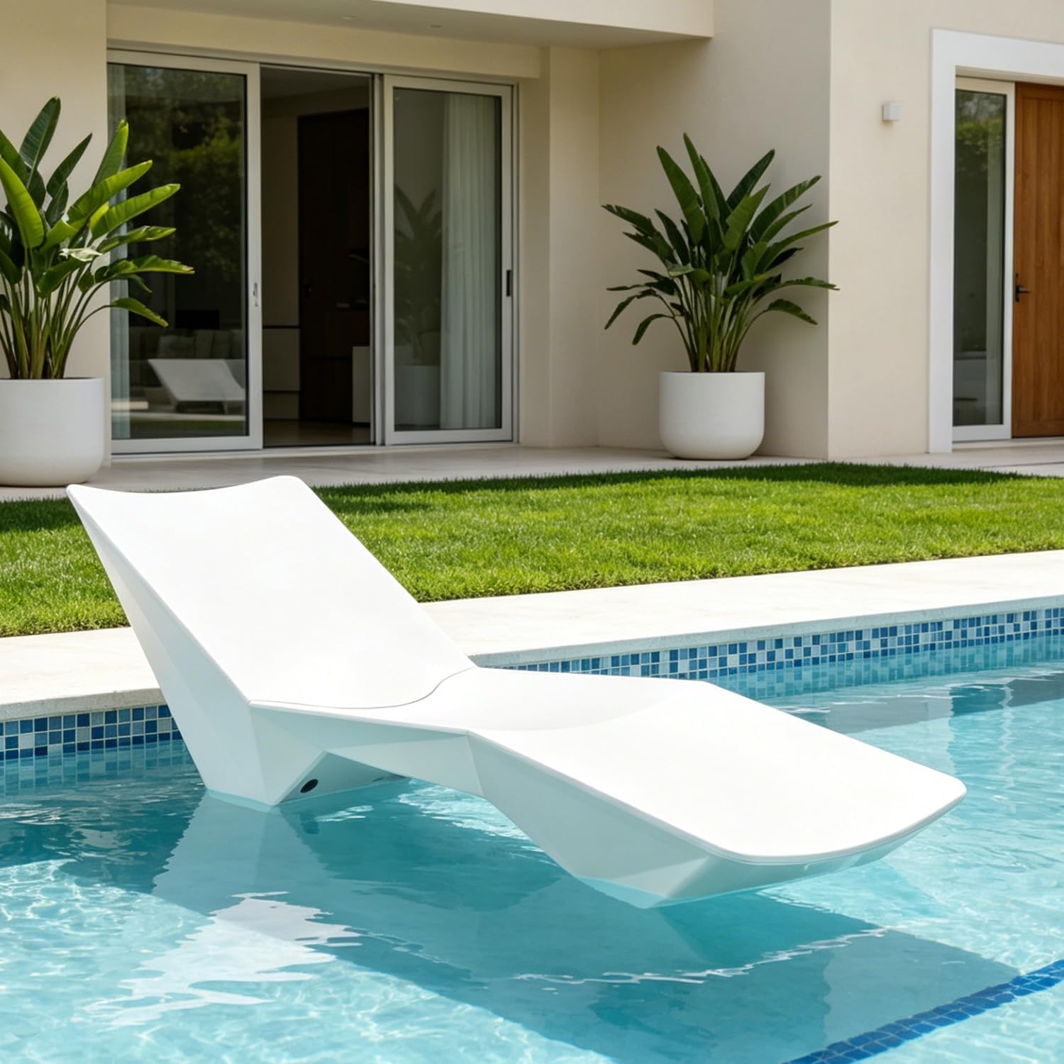 A modern white outdoor chaise lounge chair floating in a swimming pool next to a beige house with green lawn and potted plants.