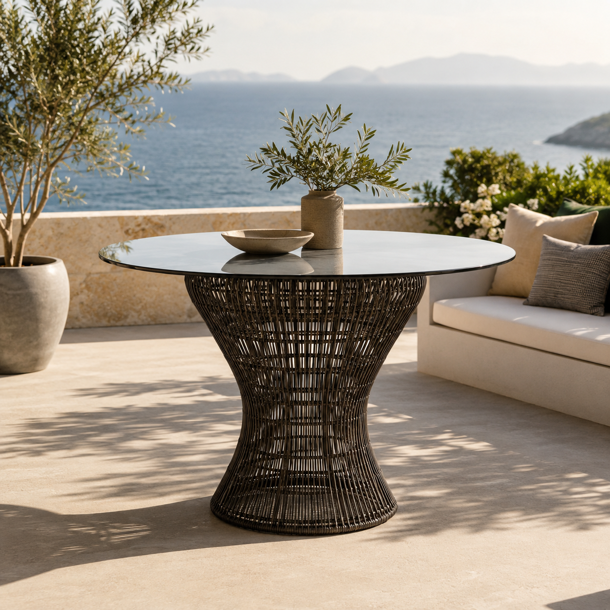 A round outdoor dining table with a dark woven wicker base and a clear glass top, styled on a sunlit terrace overlooking the sea with a sofa and potted plants nearby.