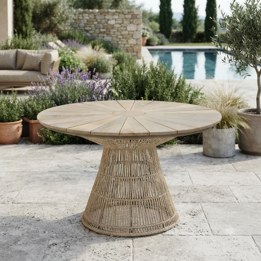Round outdoor dining table with a light natural wood top and a woven wicker pedestal base, shown on a stone patio near a pool and garden plants.