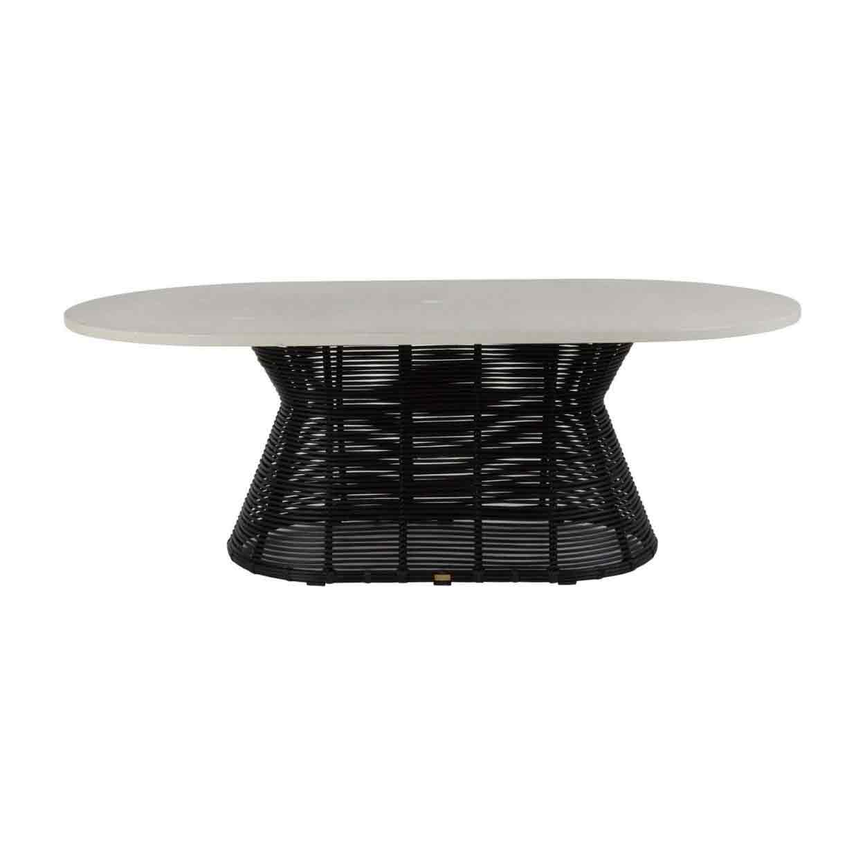 An oval outdoor coffee table with a light gray stone top and a black woven wicker base, shown against a plain white background.