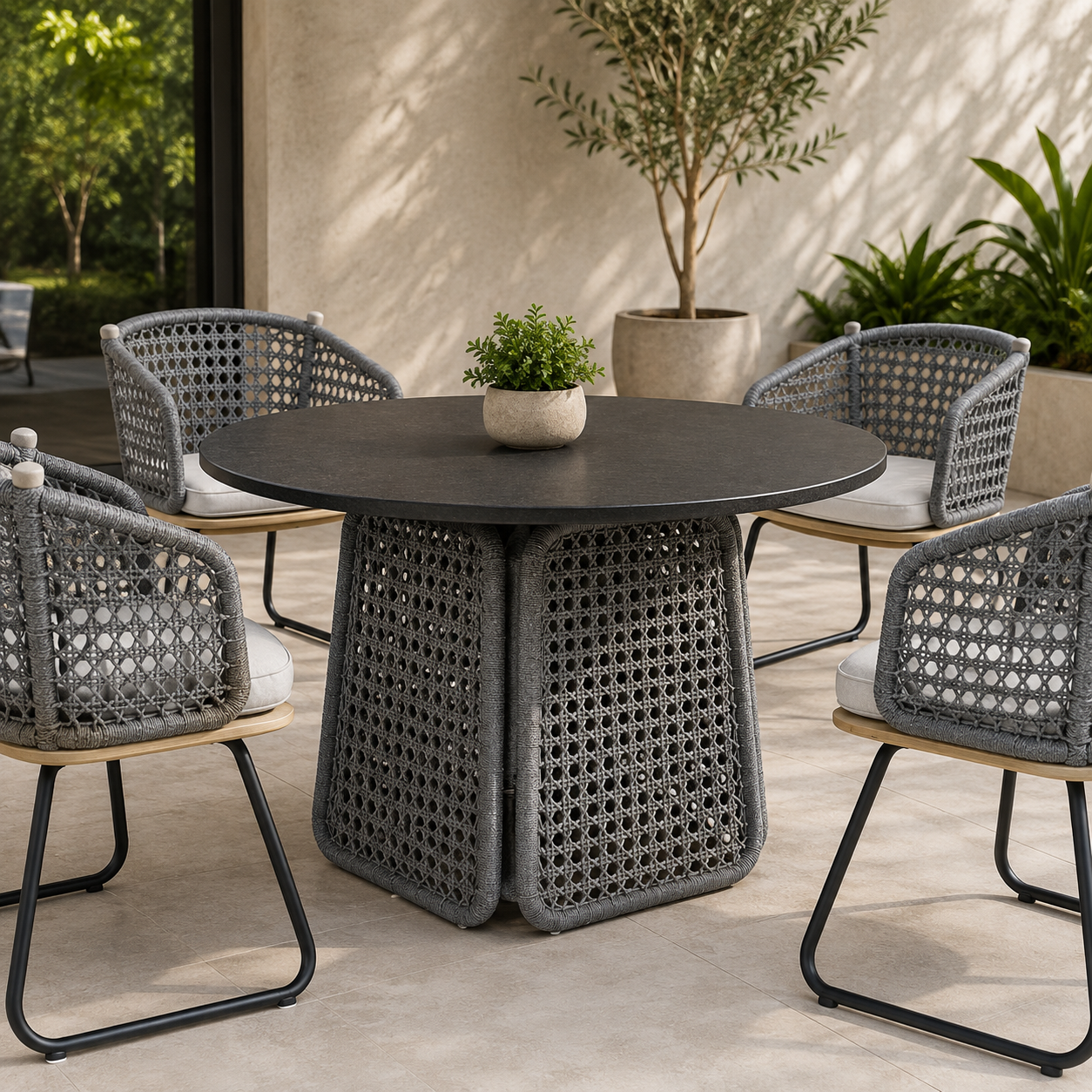 Gray outdoor patio dining set with a round dark tabletop and four woven armchairs with light cushions, shown on a patio with potted plants in the background.
