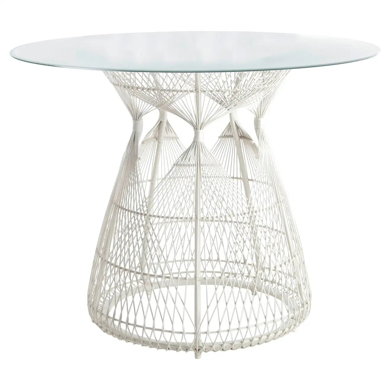 A modern round dining table featuring a clear glass top and a sculptural white wire mesh base, shown against a plain white background.
