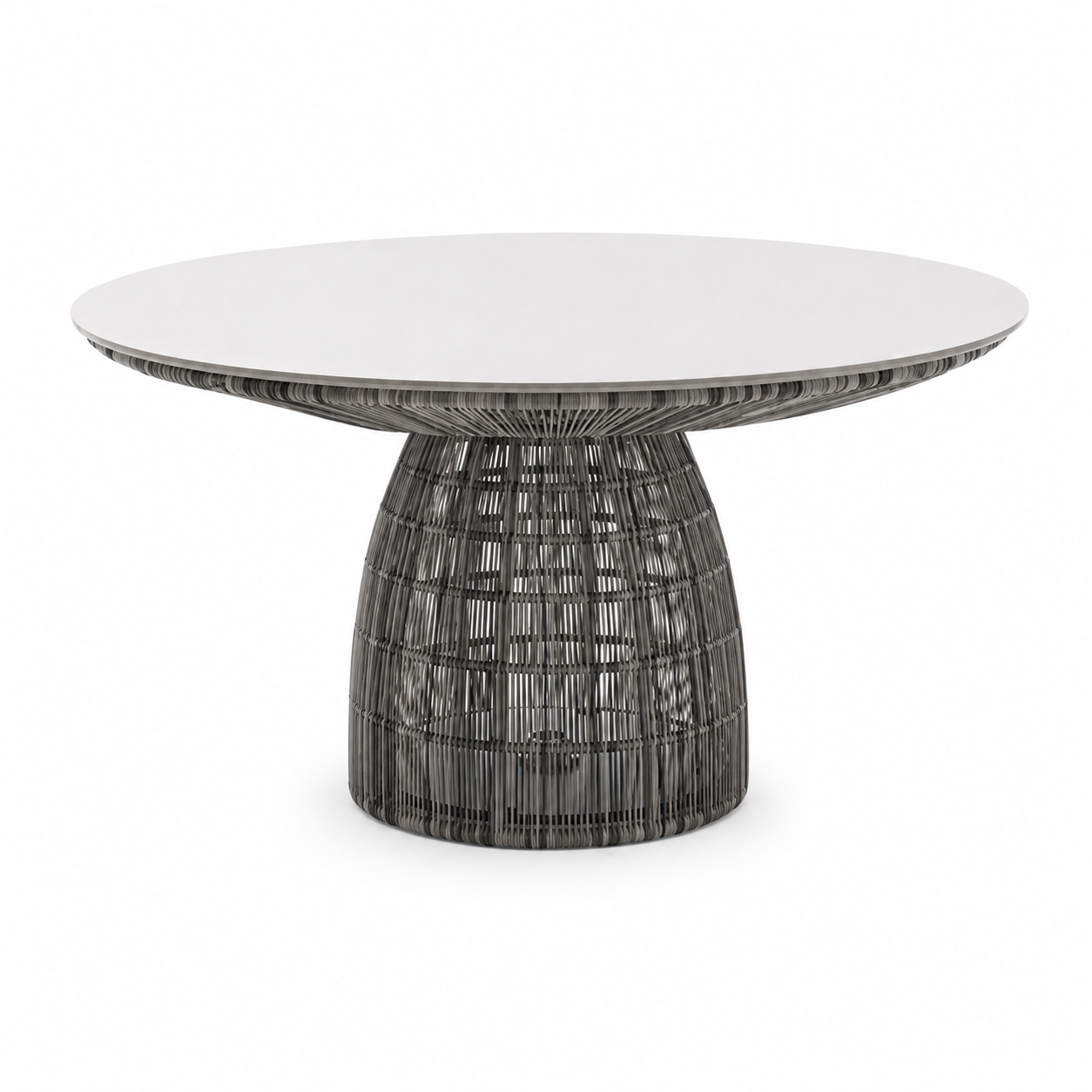 A round outdoor dining table featuring a light gray top and a dark gray woven basket-style pedestal base, shown against a plain white background.