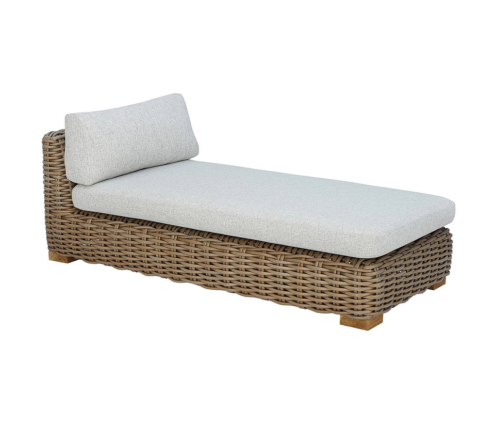 A wicker outdoor chaise lounge daybed with a light gray cushion and a matching back pillow, shown on a plain white background.