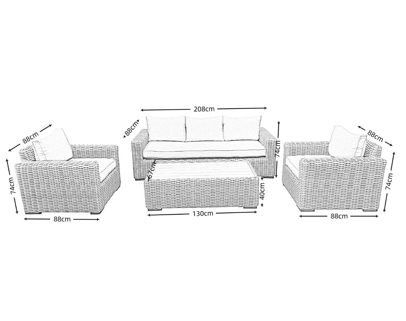 A white wicker outdoor furniture set with dimension lines and measurements shown on a plain white background. The set includes a three-seat sofa, two armchairs, and a rectangular coffee table.