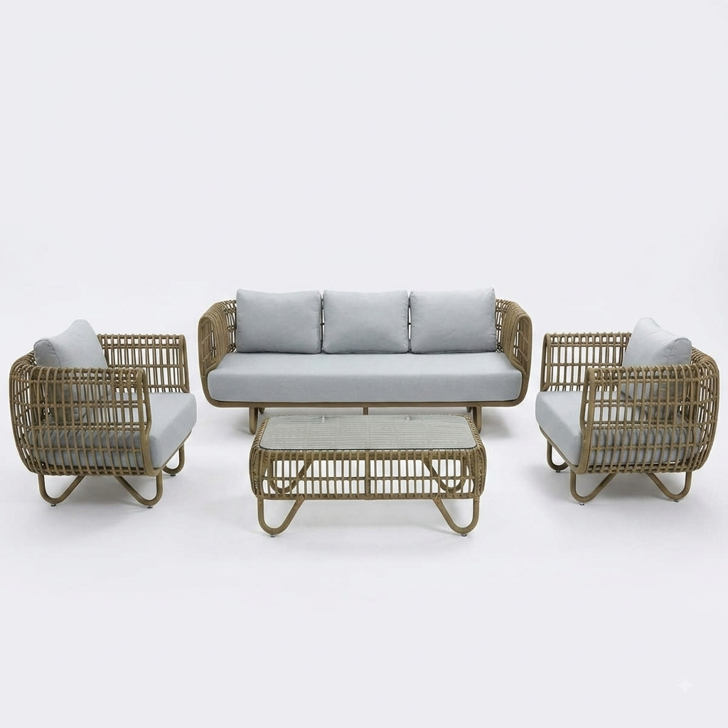 A 4-piece outdoor patio furniture set featuring a three-seat sofa, two armchairs, and a coffee table. The frames are made of natural woven rattan with light gray cushions.