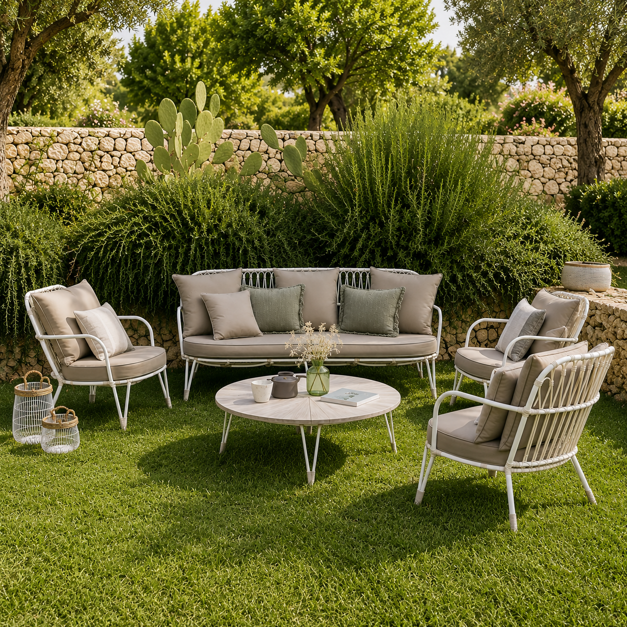 Outdoor patio furniture set arranged on a green lawn, including a white metal loveseat, two matching armchairs with beige cushions, a round white coffee table, and decorative greenery and a stone wall in the background.