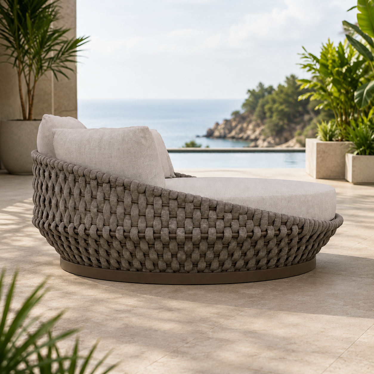 A round outdoor chaise lounge chair with a woven taupe-gray wicker frame and light beige cushions, set on a patio with a tropical ocean and garden background.