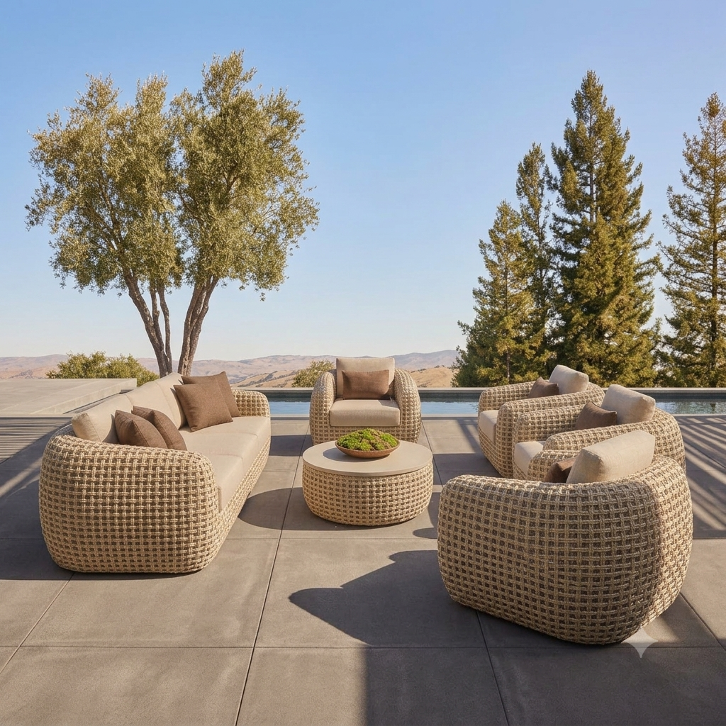 Outdoor patio conversation set with woven wicker furniture, including a curved sofa, two armchairs, two lounge chairs, and a round coffee table, arranged on a stone patio with trees and a pool in the background.