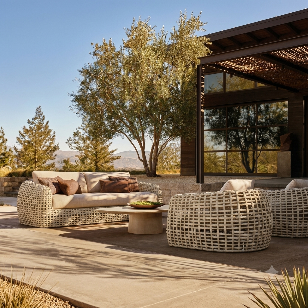 Outdoor patio furniture set including a woven wicker sofa, two matching armchairs, and a round coffee table on a concrete patio with trees and a modern house in the background.