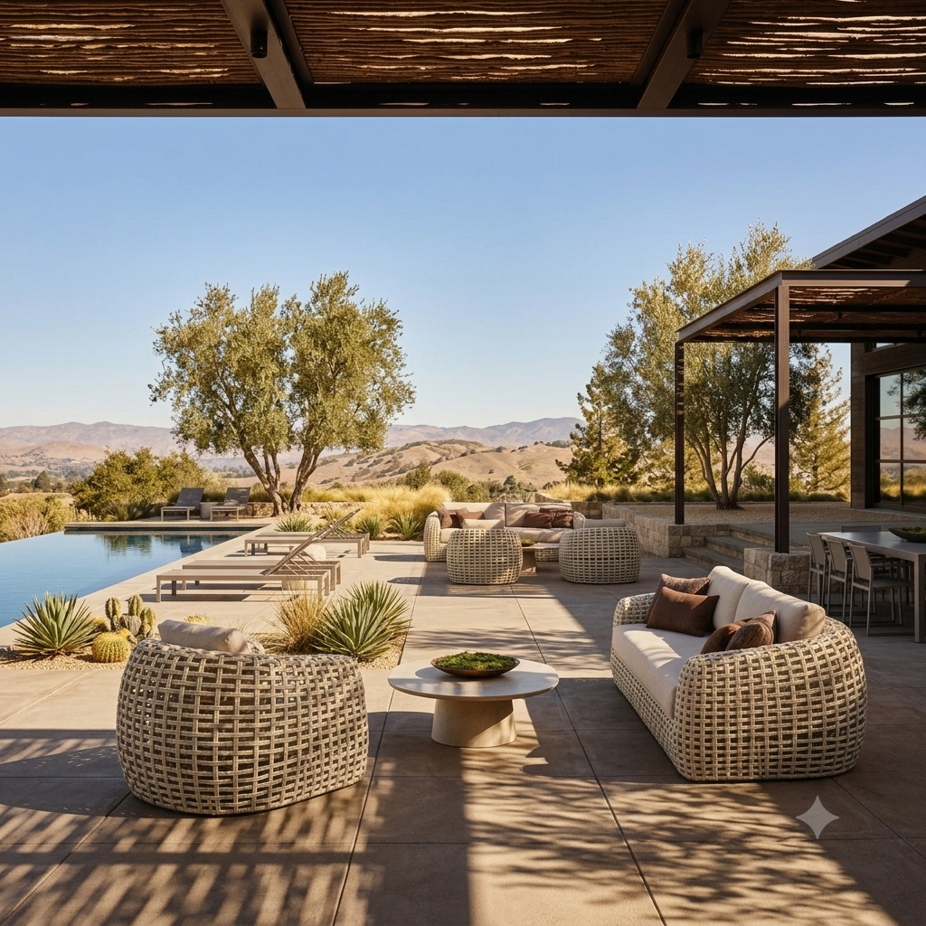 Outdoor patio furniture set arranged on a stone patio beside a pool, featuring woven wicker armchairs, a matching sofa with white cushions, a round coffee table, and additional seating under a covered pergola with a desert landscape and mountains in the background.