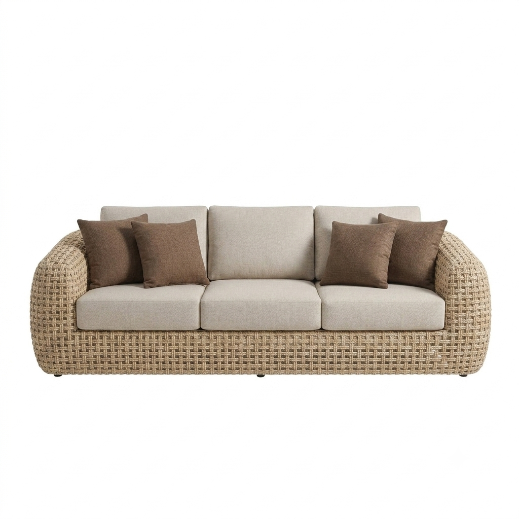 A three-seater outdoor sofa with a woven wicker frame, light beige seat and back cushions, and four brown throw pillows, shown against a plain white background.