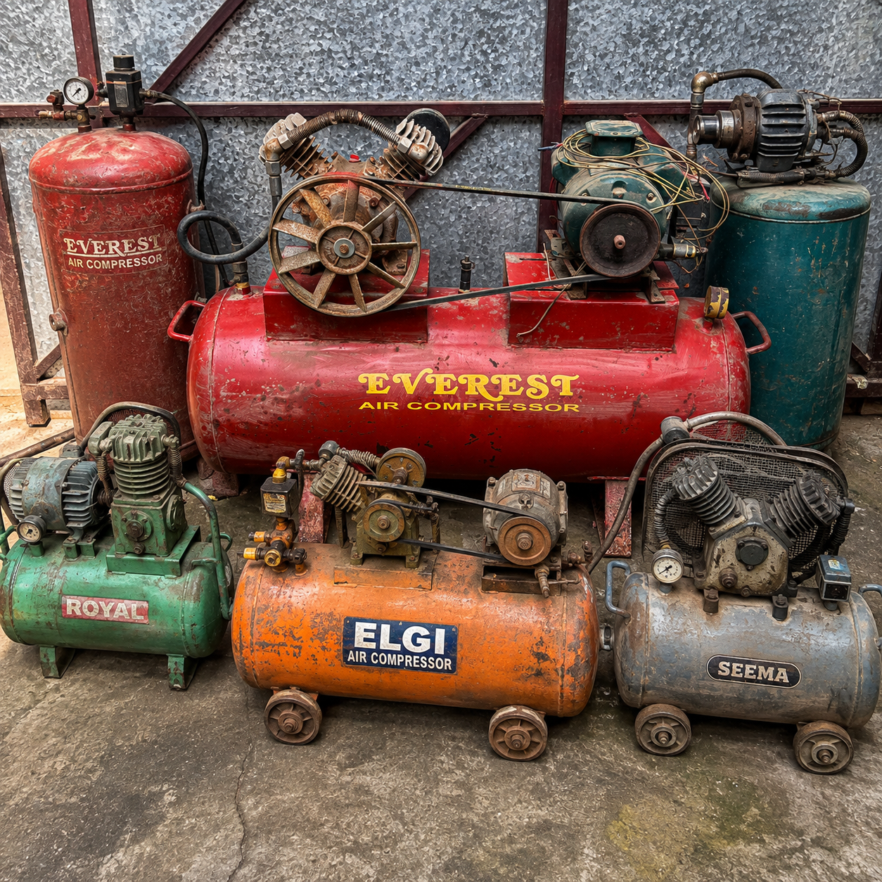 industrial air compressors and tanks, including a large red Everest Air Compressor, an orange Elgi Air Compressor, a blue Seema Air Compressor, and a green Royal Air Compressor, displayed together on a concrete floor.