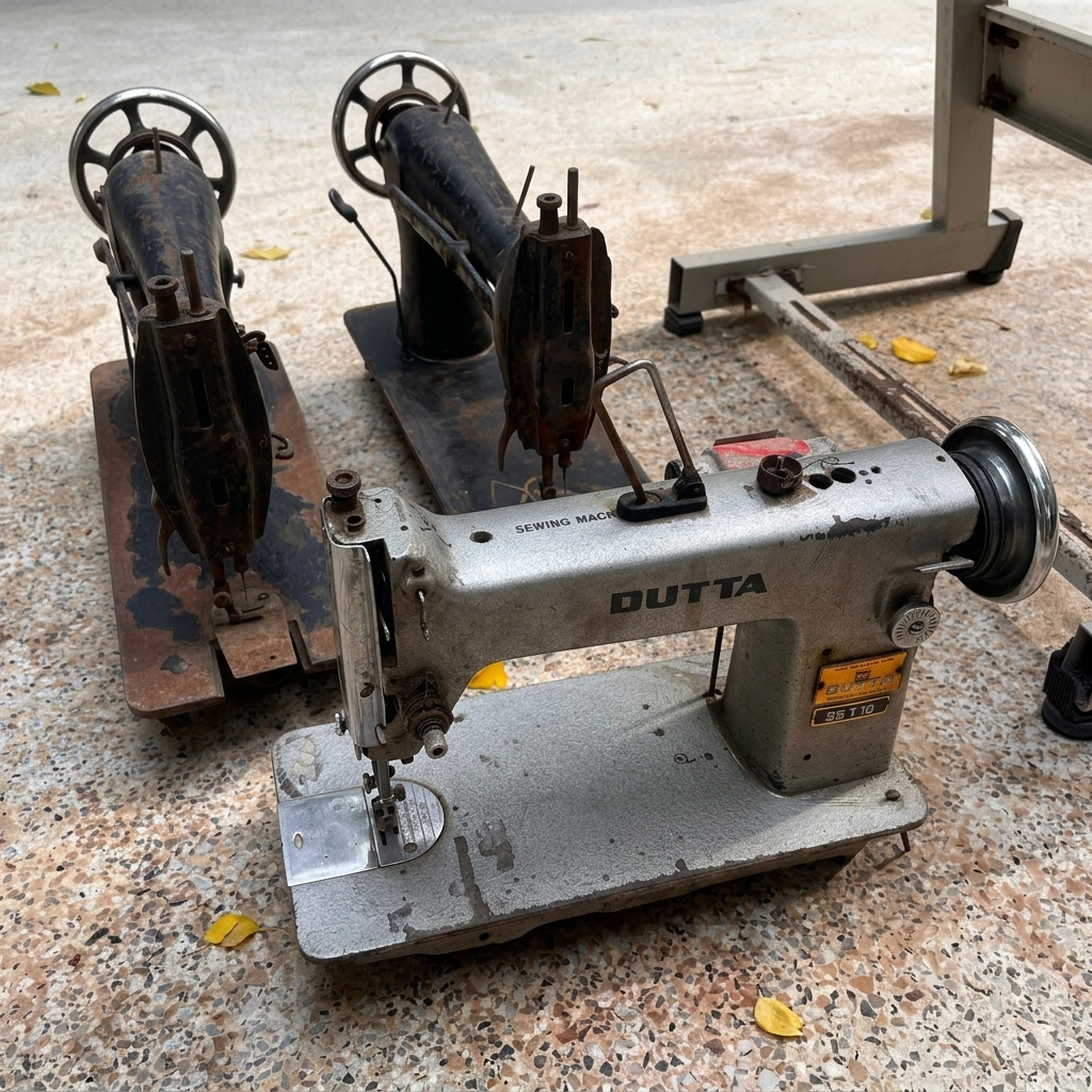 A vintage Dutta sewing machine in the foreground on a speckled concrete floor, with two more similar machines behind it.
