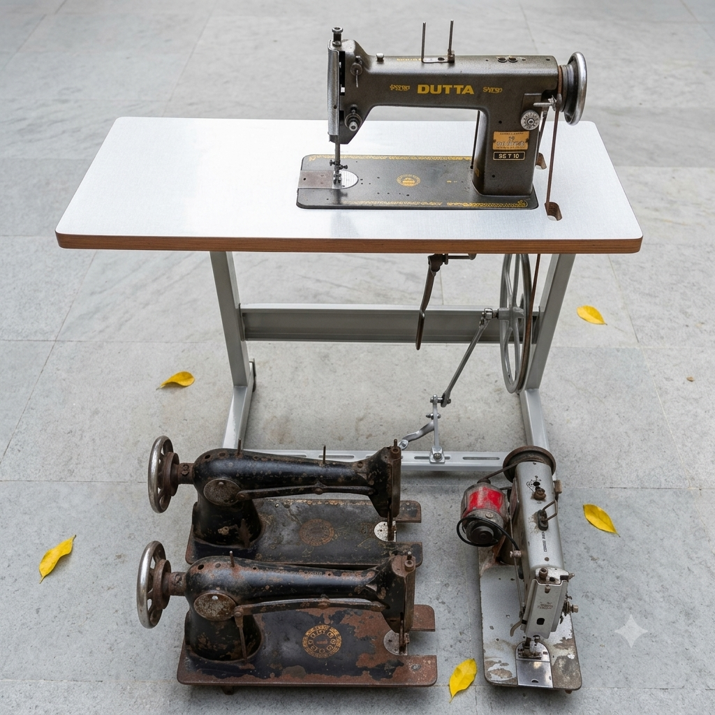 A vintage Duttla sewing machine mounted on a white table, with two additional vintage sewing machines and a small motorized unit placed underneath on a tiled floor. Yellow leaves are scattered on the floor.