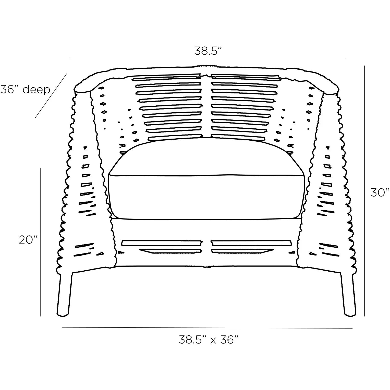 Black and white line drawing of a wicker armchair with dimension labels showing 38.5 inches width, 30 inches height, 20 inches depth, and 36 inches depth.