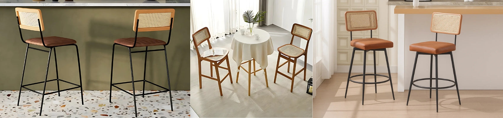 Wooden Cane & Rattan Bar Chairs