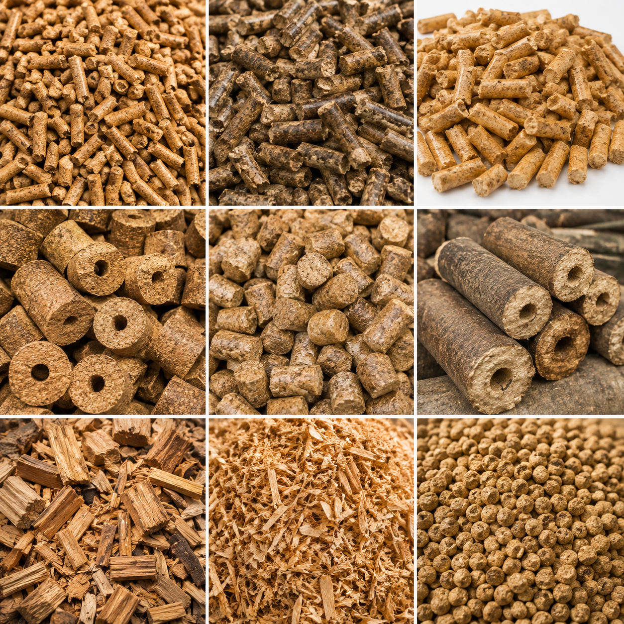 different wood-based fuel products, including cylindrical pellets, round logs, shredded chips, and bark-like biomass pieces in natural tan and brown tones.