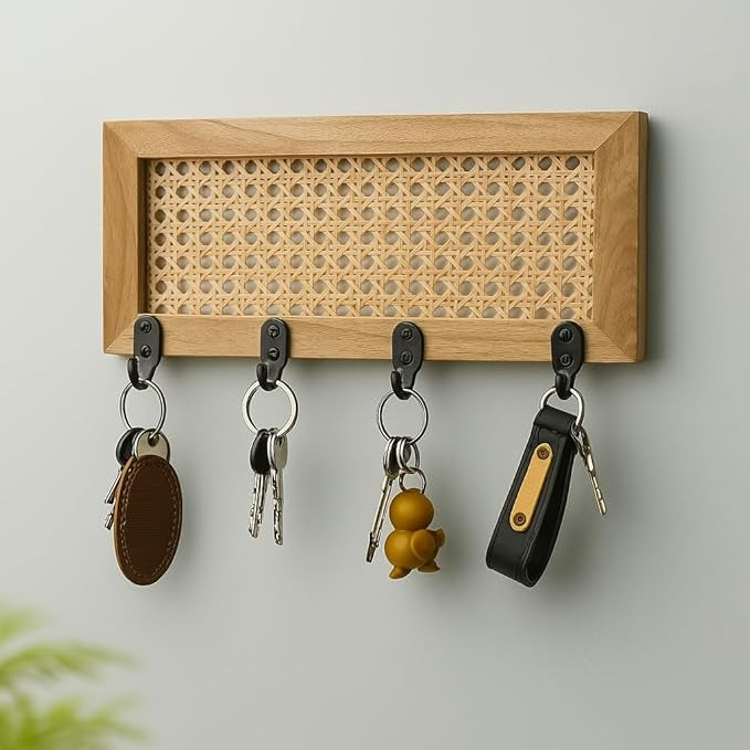Cane & Rattan key Chain Holder Premium Teak Wood  I Rattan Cane Webbing- Accessories- Rivora