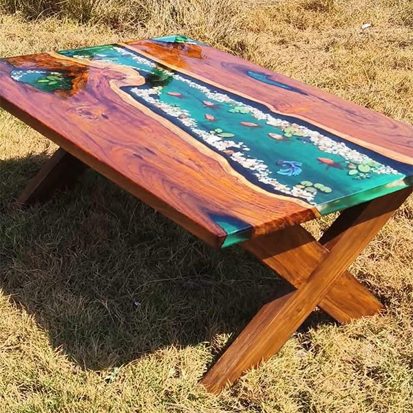 Epoxy Resin River table, Blue ocean Life Table - Dining Table - AquaVerse