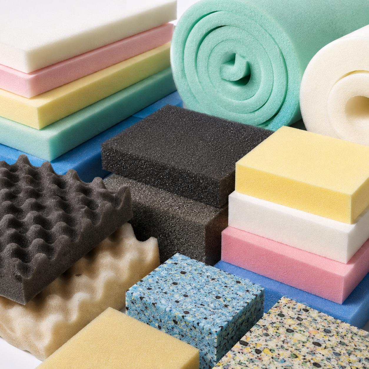 A collection of various foam cleaning sponges in multiple colors and textures, including solid yellow, pink, and blue sponges, as well as textured sponge blocks and rolls.