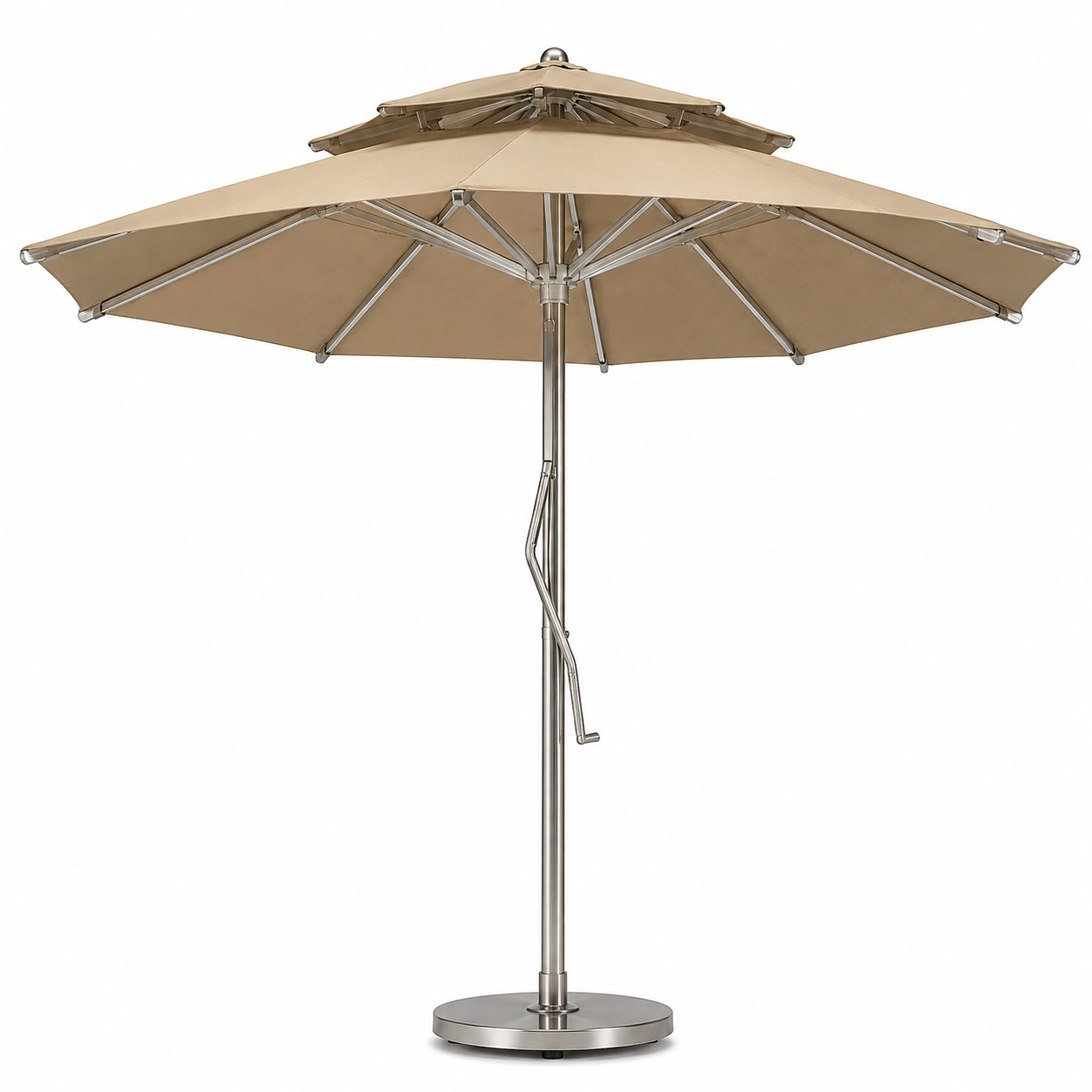 A two-tier patio umbrella with a beige canopy and a brushed silver metal frame, set against a solid white background.