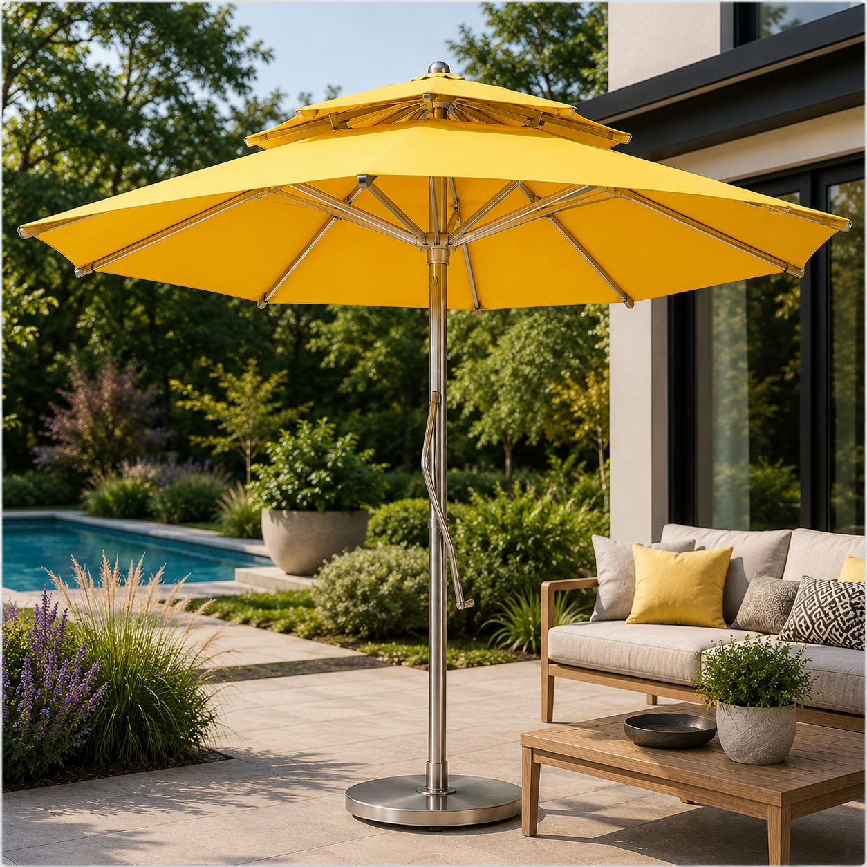 A bright yellow outdoor patio umbrella with a silver metal pole and circular base, shown in a modern backyard setting next to a pool, sofa, and coffee table.