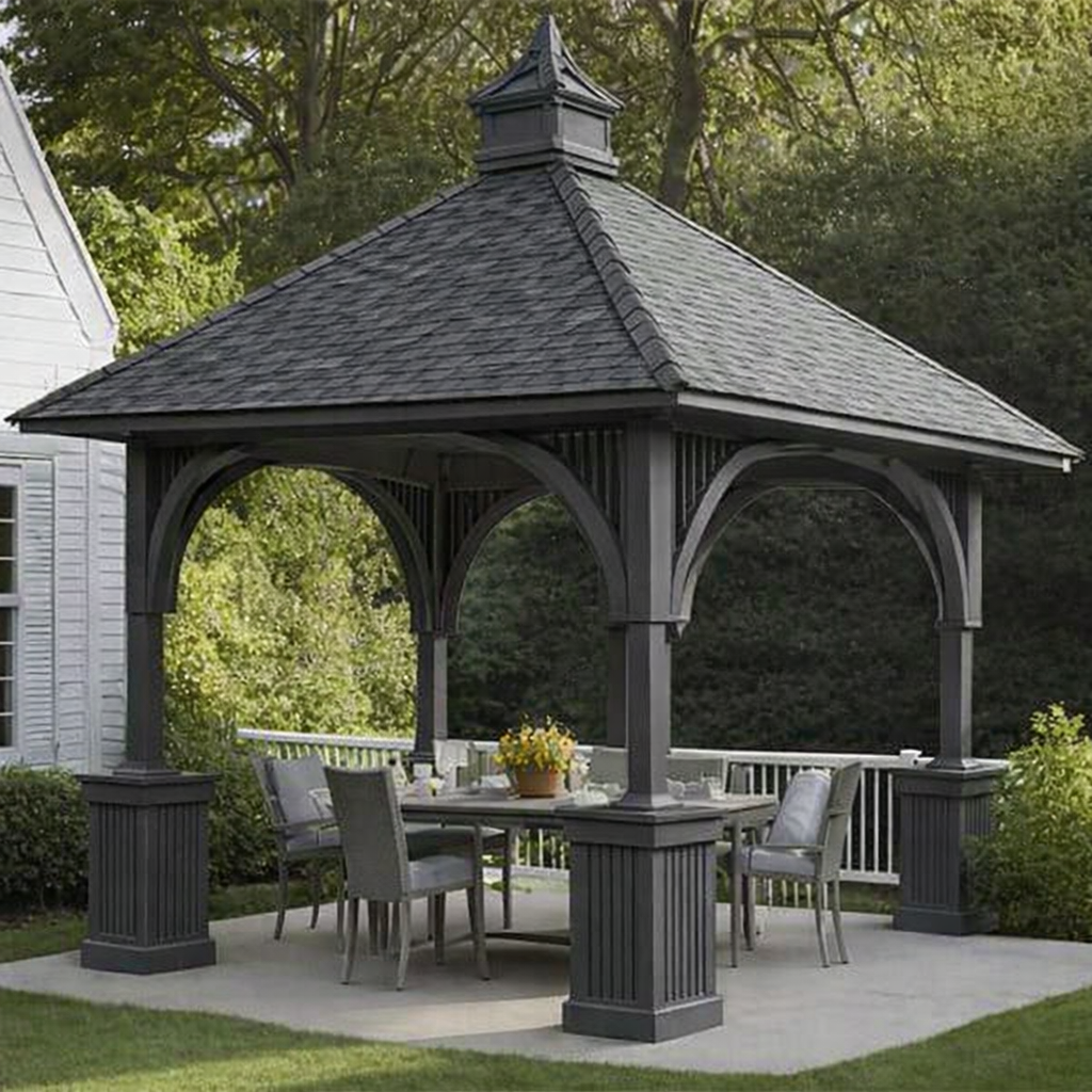 Graphite grey FRP gazebo pergola with tile roof and dining setup in a landscaped garden backyard