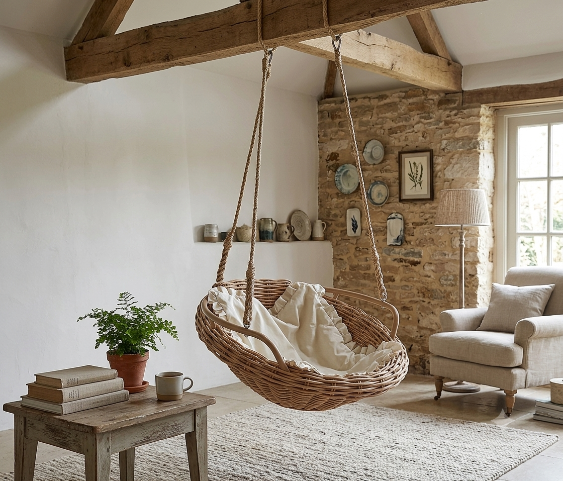 A woven rattan hanging swing chair with cream fabric cushions suspended by thick ropes from a rustic wooden ceiling beam in a bright, modernized cottage-style room with exposed brick and wood details.
