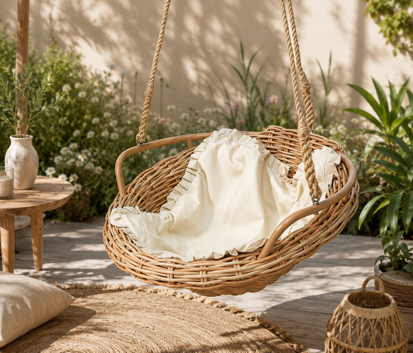 A woven rattan hanging swing chair with a cream fabric liner, set in a sunlit outdoor patio garden with plants, a small wooden table, and a woven rug.